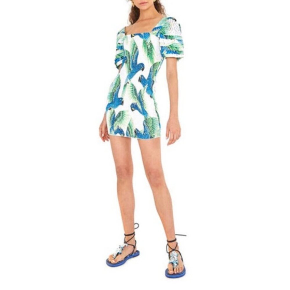 FARM RIO Araras Parrot Mini Dress White Blue Tropical | Medium *
